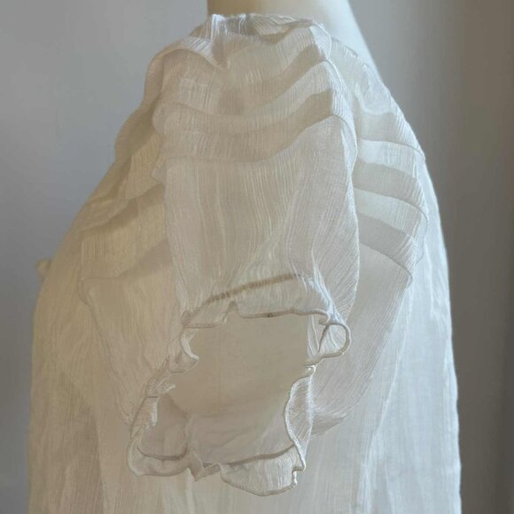 Sheer Ruffle White Peasant Blouse with Beaded Lace Applique - Smocked Hem – US M - Picture 5 of 9